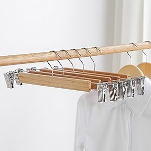 Giftock Wooden Clip Hanger Space-Saving Skirt Holders Central Heavy Closet, Pants and Shorts Hangers, Ridged Non-Slip with Pinch Clips, 360-Rotating Chrome Swivel Hook (Walnut, 1 Pc)