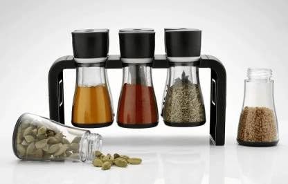 Giftock Store Round Shape Transparent 6 Piece Jar Spice Rack Kitchen Spices and Masala Storage (Black) (6 - Pcs Spice Rack)