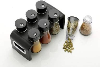 Giftock Store Round Shape Transparent 6 Piece Jar Spice Rack Kitchen Spices and Masala Storage (Black) (6 - Pcs Spice Rack)