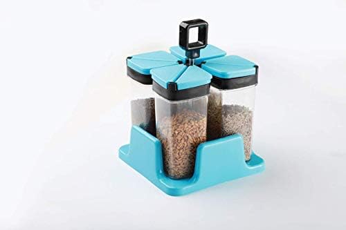 Giftock 4 Spice of Sprinkle Set - Plastic Multipurpose Revolving Spice Rack Jars with Tray, 4 Bottle Space Saver Condiments Sprinkle for Masala, Pickle, Dry Fruit, Sugar, Salt