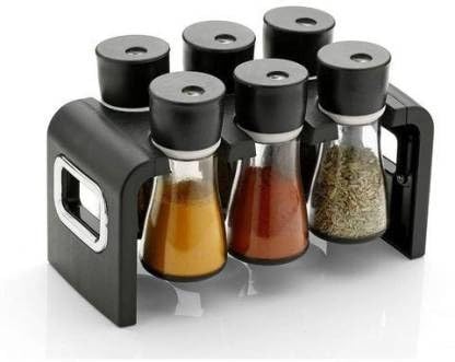 Giftock Store Round Shape Transparent 6 Piece Jar Spice Rack Kitchen Spices and Masala Storage (Black) (6 - Pcs Spice Rack)