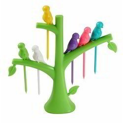 Giftock Plastic Fruit Fork with Stand and 6 Fork Multicolor Bird Design Fancy Fruit Fork (Pack of 1 Stand & 6 Forks) (Fruit Fork Bird, 1)