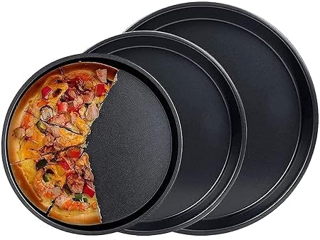 Giftock Carbon Steel Pizza Baking Pan - Set of 3 Carbon Steel Pizza Pan Tray for Baking in Microwave Oven Non Stick Set of 3 Black