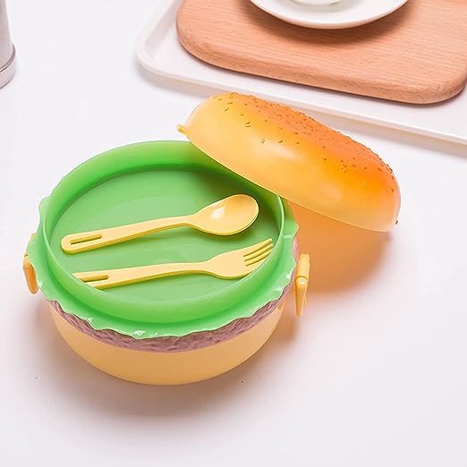 Giftock Burger Shape Lunch Box for Kids - School Tiffin Box for Boys & Girls, Leak Proof Plastic Snacks Lunch Box with 3 Layer 4 Compartments with 2 Spoons for Adults and Kids PP (Pack of 1)