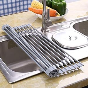 Giftock  Multipurpose Roll-up Dish Drying Rack Over The Sink Mat, Stainless Steel Adjustable Folding Rolling Dish Drainer Organizer Rack for Kitchen, Black - Big Size (46.5 x 46 cm)
