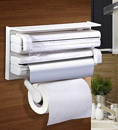 Giftock Triple Paper Roll Dispenser Foil Cling Film Tissue Paper Roll Holder Tissue Holder Wall Mounted Plastic Stand Paper/Foil/Cling Wrap Kitchen Stand