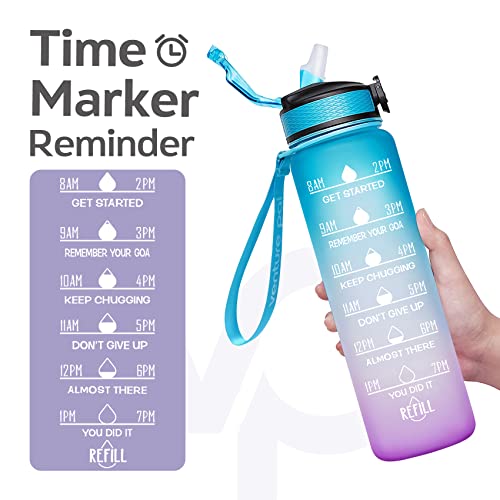 Giftock 32Oz Motivational Fitness Sports Water Bottle With Time Marker&Straw,Large Wide Mouth Leakproof Durable Bpa Free Non-Toxic-Ombre Green Purple (Plastic,Pack Of 1 Bottle),32 fluid_ounce