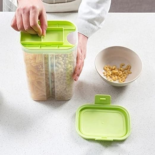 Giftock 2 Section Space Saver Air Tight, PET Transparent Plastic Container for Grocery, Flour, Snacks, Cereal, Grain Kitchen Storage Container (2000 ML, 2 in 1, Air Tight, Multicolor, 1 PCS)