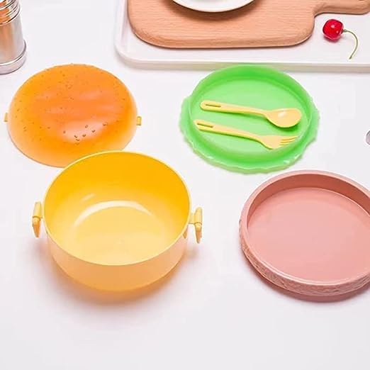 Giftock Burger Shape Lunch Box for Kids - School Tiffin Box for Boys & Girls, Leak Proof Plastic Snacks Lunch Box with 3 Layer 4 Compartments with 2 Spoons for Adults and Kids PP (Pack of 1)