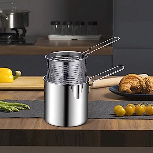 Giftock Small Deep Frying Pot with Basket 1200ml Stainless Steel Fryer Pot with Long Handle Mini deep Oil Fryer for French Fries/Shrimp/Fish/Chicken Wings/Boiling Butter/Sauce/Gravies/Pasta(1-Pcs)