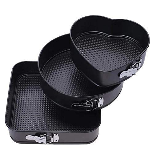 Giftock Cake Tin Teflon Coated Non Stick Pan Cake Mould Set of 3 - Heart Square Round Shapes with Loose Base -Easy Washable - Quick Release Springform Baking Pan Shapes - for Oven(3 PCS, Black)