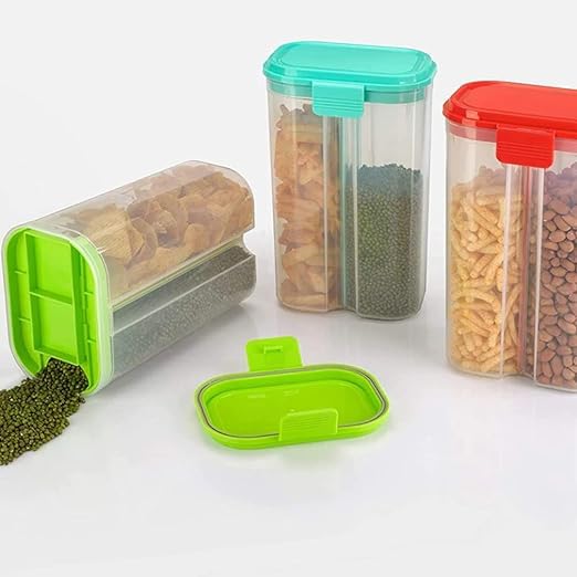 Giftock 2 Section Space Saver Air Tight, PET Transparent Plastic Container for Grocery, Flour, Snacks, Cereal, Grain Kitchen Storage Container (2000 ML, 2 in 1, Air Tight, Multicolor, 1 PCS)