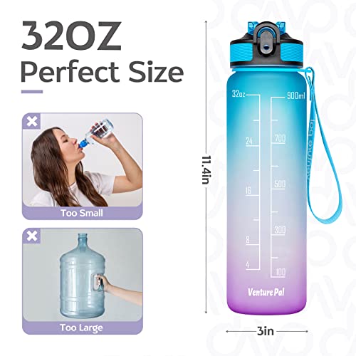 Giftock 32Oz Motivational Fitness Sports Water Bottle With Time Marker&Straw,Large Wide Mouth Leakproof Durable Bpa Free Non-Toxic-Ombre Green Purple (Plastic,Pack Of 1 Bottle),32 fluid_ounce