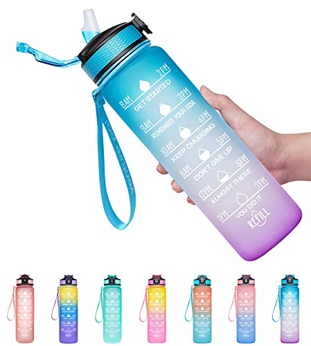 Giftock 32Oz Motivational Fitness Sports Water Bottle With Time Marker&Straw,Large Wide Mouth Leakproof Durable Bpa Free Non-Toxic-Ombre Green Purple (Plastic,Pack Of 1 Bottle),32 fluid_ounce
