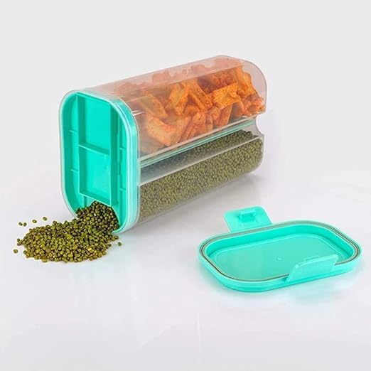 Giftock 2 Section Space Saver Air Tight, PET Transparent Plastic Container for Grocery, Flour, Snacks, Cereal, Grain Kitchen Storage Container (2000 ML, 2 in 1, Air Tight, Multicolor, 1 PCS)