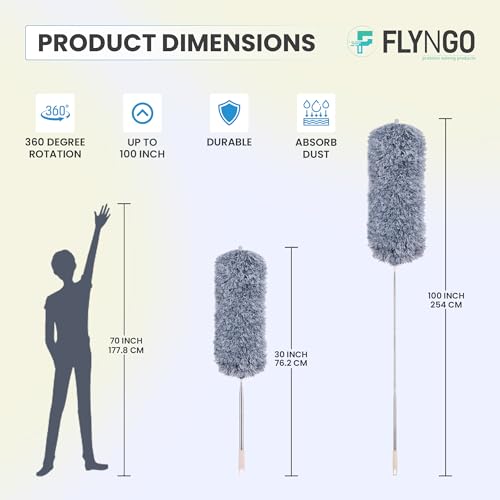 Giftock Microfiber Feather Duster Bendable & Extendable Fan Cleaning Duster with 100 inches Expandable Pole Handle Washable Duster for High Ceiling Fans, Window Blinds, Furniture (Grey)