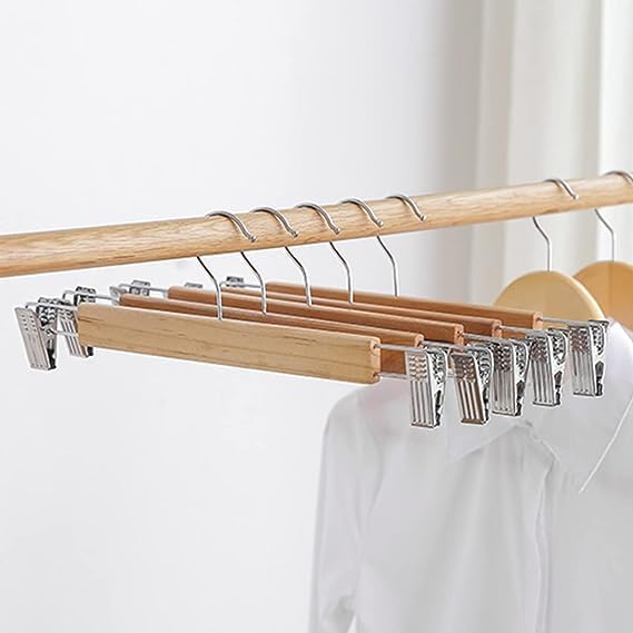 Giftock Wooden Clip Hanger Space-Saving Skirt Holders Central Heavy Closet, Pants and Shorts Hangers, Ridged Non-Slip with Pinch Clips, 360-Rotating Chrome Swivel Hook (Walnut, 1 Pc)