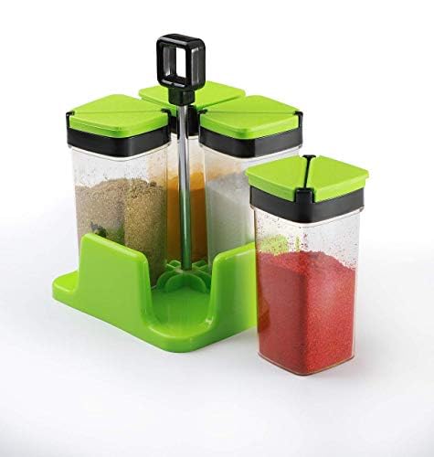 Giftock 4 Spice of Sprinkle Set - Plastic Multipurpose Revolving Spice Rack Jars with Tray, 4 Bottle Space Saver Condiments Sprinkle for Masala, Pickle, Dry Fruit, Sugar, Salt