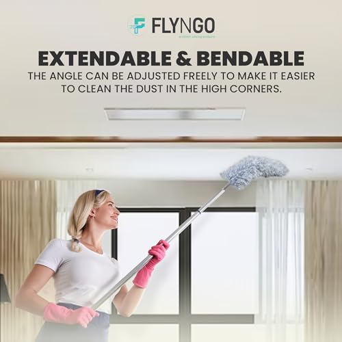 Giftock Microfiber Feather Duster Bendable & Extendable Fan Cleaning Duster with 100 inches Expandable Pole Handle Washable Duster for High Ceiling Fans, Window Blinds, Furniture (Grey)