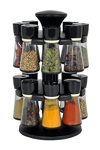 Giftock Multipurpose Revolving/Rotating Spice Rack For kitchen Plastic Made set of 16 for spice/salt masala container Rack with Holder and lid 16 pcs Black suitable for daining table