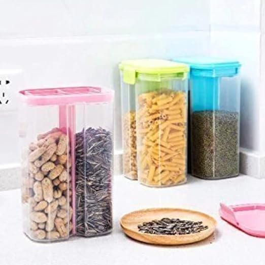 Giftock 2 Section Space Saver Air Tight, PET Transparent Plastic Container for Grocery, Flour, Snacks, Cereal, Grain Kitchen Storage Container (2000 ML, 2 in 1, Air Tight, Multicolor, 1 PCS)