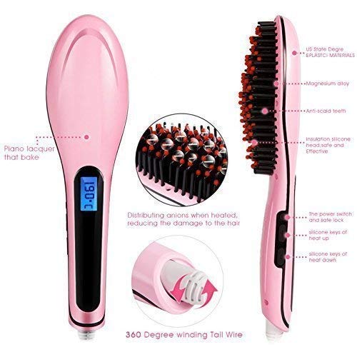 Giftock Hair Electric Comb Brush 3 in 1 Ceramic Fast Hair Straightener For Women's Hair Straightening Brush with LCD Screen, Temperature Control Display,Hair Straightener For Women (PINK Fast Hair Straightener Brush)