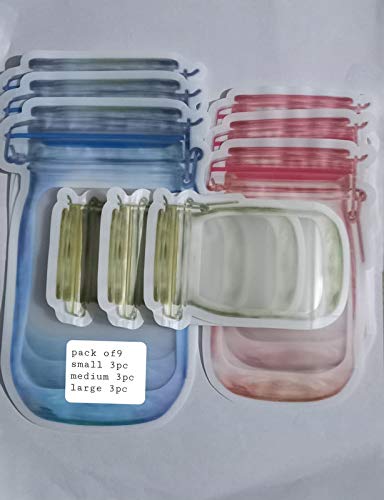 Giftock Jar Shaped Food Graded Stand Up Plastic Pouch with Zipper Pack of 9 (3 pcs Small 100 Gm, 3 pcs Medium 250 Gm, 3 pcs Large 500 Gm)