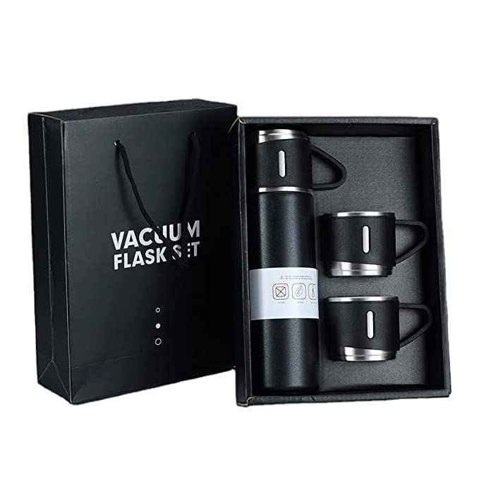 Giftock Prejak Double Wall Stainless Steel Thermo 500Ml Vacuum Insulated Bottle Water Flask Gift Set With Two Cups Hot & Cold | Assorted Color | Diwali Gifts For Employees | Corporate Gift Items