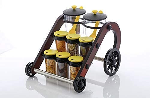 Giftock New Traditional Looked Rajwadi Cycle Style Spice rack with 8 jar with 2 spoon Plastic and Wooden Spice Rack Storage Jar (Multi Colour)