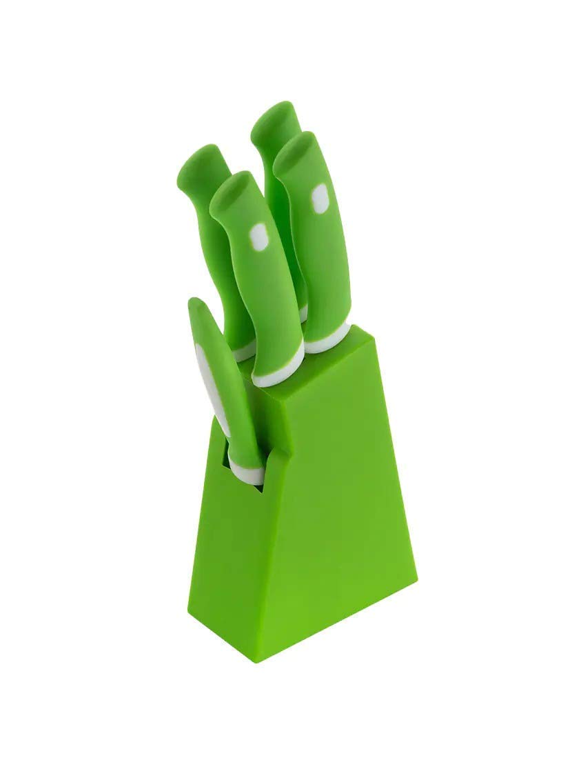 Giftock Knife Set for Kitchen with Stand, Knife Set for Kitchen use, Knife Holder for Kitchen with Knife 5-Pieces Knife Stand (Plastic) + 4 Knife + 1 Peeler (Green)