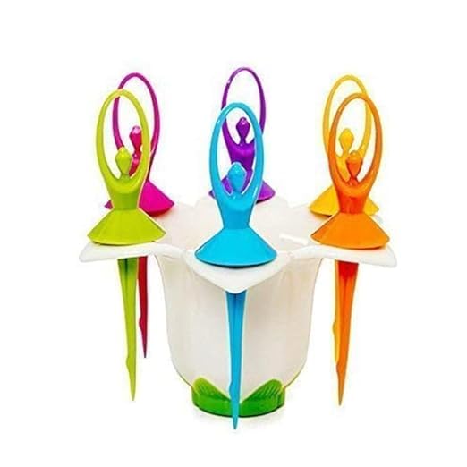 Giftock Plastic Fruit Fork with Stand and 6 Fork Multicolor Bird Design Fancy Fruit Fork (Pack of 1 Stand & 6 Forks) (Fruit Fork Bird, 1)