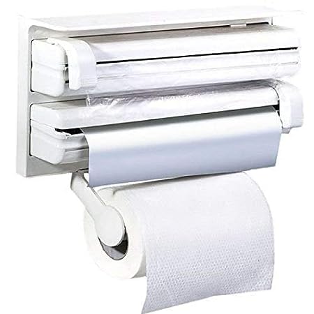 Giftock Triple Paper Roll Dispenser Foil Cling Film Tissue Paper Roll Holder Tissue Holder Wall Mounted Plastic Stand Paper/Foil/Cling Wrap Kitchen Stand