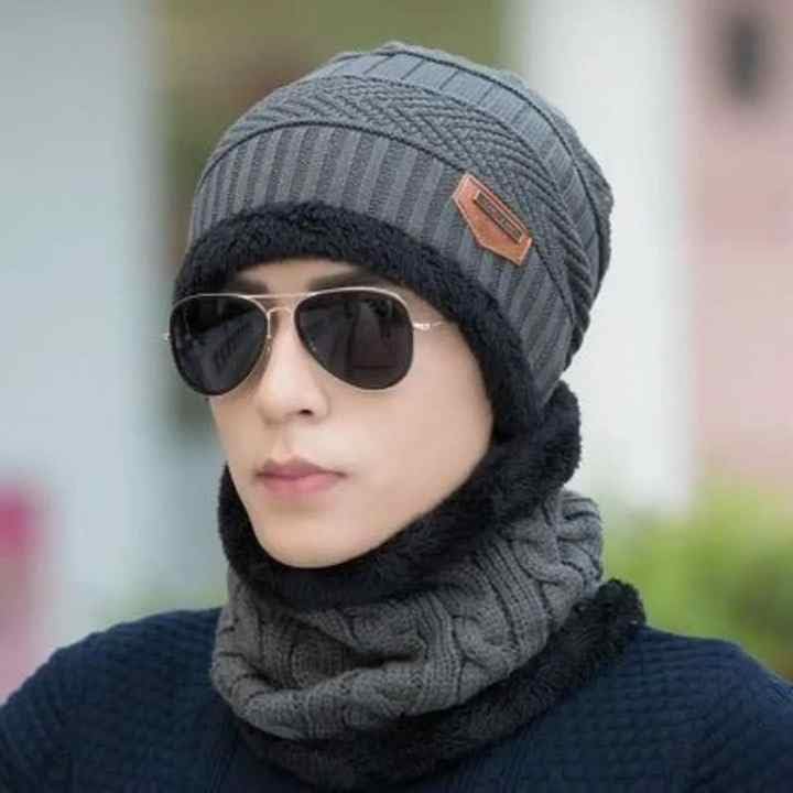 Giftock Wool Beanie Cap & Muffler for Mens & Women  Winter Cap for Men  Mens Woolen Cap with Neck Muffler  Winter Muffler for Women  Soft Woolen Muffler & Cap for Men & Women Black