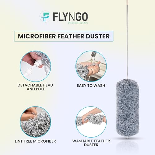 Giftock Microfiber Feather Duster Bendable & Extendable Fan Cleaning Duster with 100 inches Expandable Pole Handle Washable Duster for High Ceiling Fans, Window Blinds, Furniture (Grey)