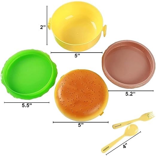Giftock Burger Shape Lunch Box for Kids - School Tiffin Box for Boys & Girls, Leak Proof Plastic Snacks Lunch Box with 3 Layer 4 Compartments with 2 Spoons for Adults and Kids PP (Pack of 1)