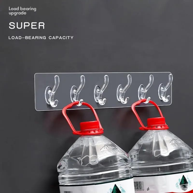 Giftock 3 Pcs 6 Rows Multifunctional Transparent Sticky Hook Set Adhesive Sticker Hanger in Kitchen Bathroom Oilproof Home Wall Hanging Waterproof Seamless Invisible Strong Self Adhesive Wall Mounted - 3 Set