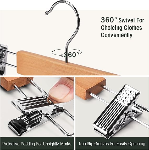 Giftock Wooden Clip Hanger Space-Saving Skirt Holders Central Heavy Closet, Pants and Shorts Hangers, Ridged Non-Slip with Pinch Clips, 360-Rotating Chrome Swivel Hook (Walnut, 1 Pc)