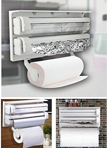 Giftock Triple Paper Roll Dispenser Foil Cling Film Tissue Paper Roll Holder Tissue Holder Wall Mounted Plastic Stand Paper/Foil/Cling Wrap Kitchen Stand