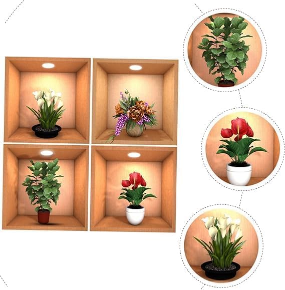 Giftock 3D Flower Wall Sticker - 4 Pcs New Creative Simulation Green Plant Pot Stickers, Self Adhesive Waterproof Wall Paper Decorative Stickers