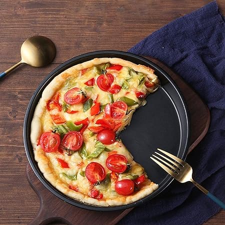 Giftock Carbon Steel Pizza Baking Pan - Set of 3 Carbon Steel Pizza Pan Tray for Baking in Microwave Oven Non Stick Set of 3 Black