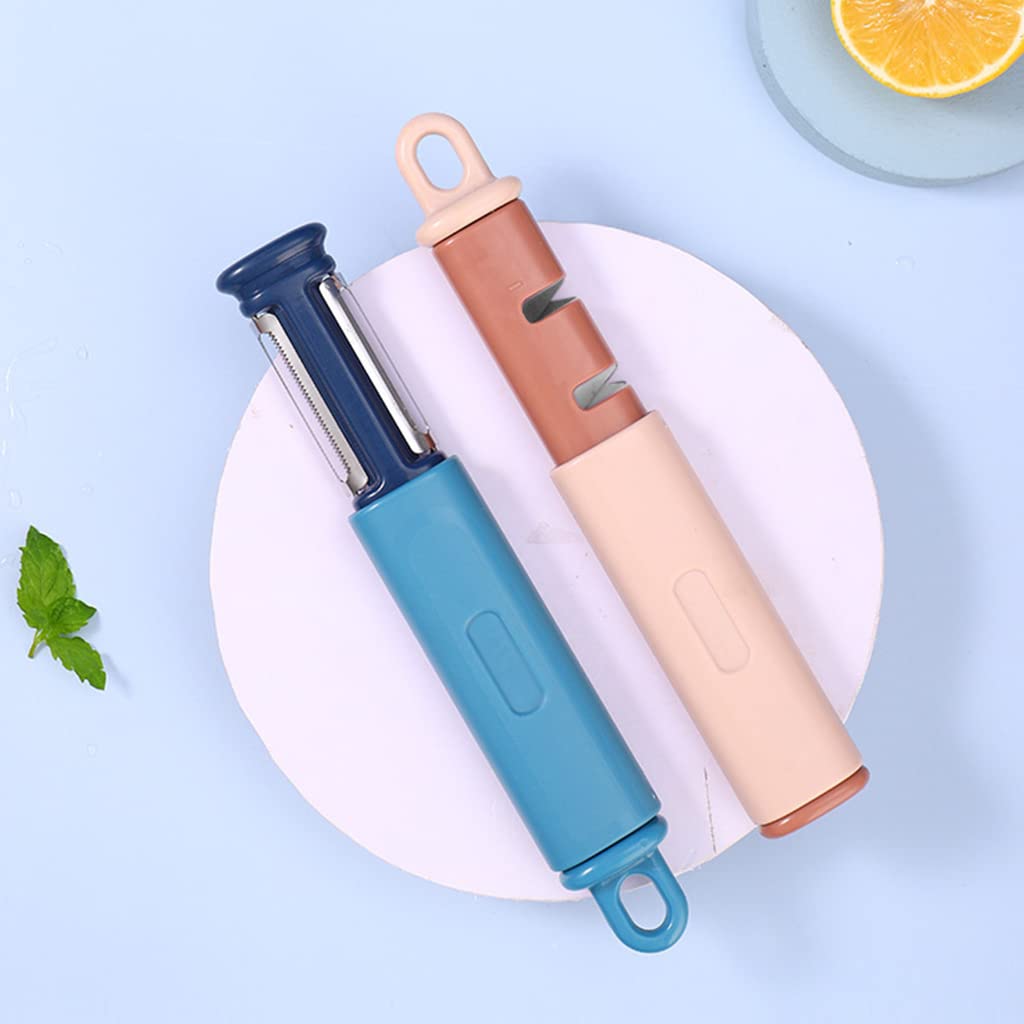 Giftock 2 in 1 Vegetable Peeler Knife Sharpener Serrated Peeler Stainless Steel Veggie Fruit Potato Peeler for Hard Skinned Carrot Potatoes Cucumber Kitchen (Blue)