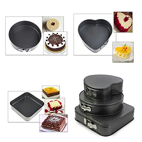 Giftock Cake Tin Teflon Coated Non Stick Pan Cake Mould Set of 3 - Heart Square Round Shapes with Loose Base -Easy Washable - Quick Release Springform Baking Pan Shapes - for Oven(3 PCS, Black)