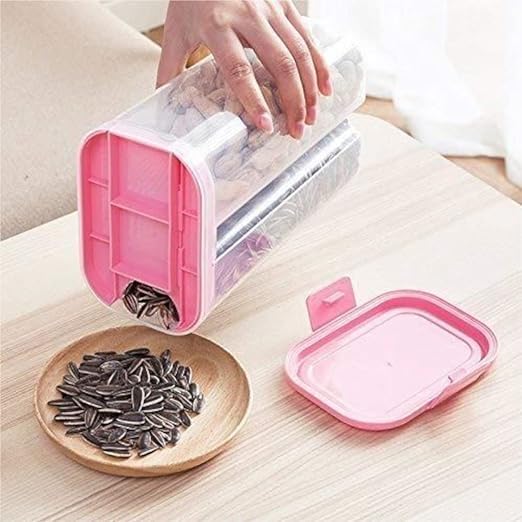 Giftock 2 Section Space Saver Air Tight, PET Transparent Plastic Container for Grocery, Flour, Snacks, Cereal, Grain Kitchen Storage Container (2000 ML, 2 in 1, Air Tight, Multicolor, 1 PCS)