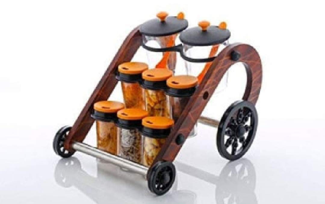 Giftock New Traditional Looked Rajwadi Cycle Style Spice rack with 8 jar with 2 spoon Plastic and Wooden Spice Rack Storage Jar (Multi Colour)