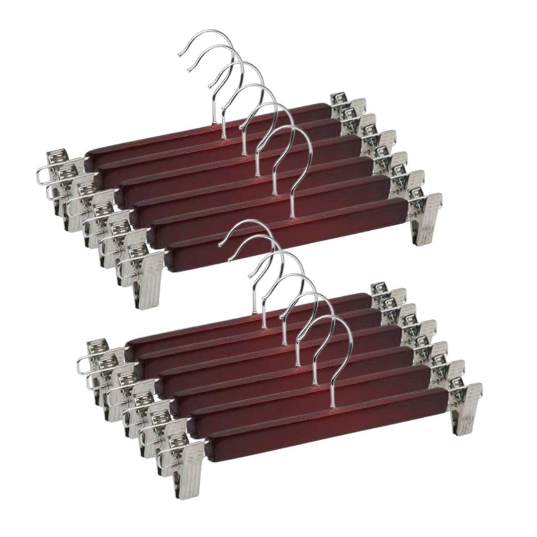 Giftock Wooden Clip Hanger Space-Saving Skirt Holders Central Heavy Closet, Pants and Shorts Hangers, Ridged Non-Slip with Pinch Clips, 360-Rotating Chrome Swivel Hook (Walnut, 1 Pc)
