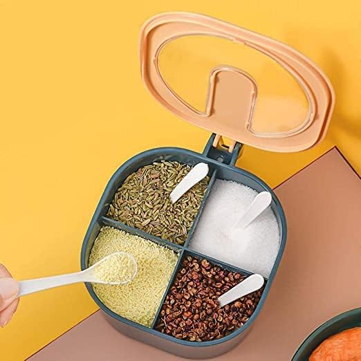 Giftock Seasoning Container 4 Compartments Seasoning Box Spice Jar Condiment Container Kitchen Spice Box Salt Jar with Spoons