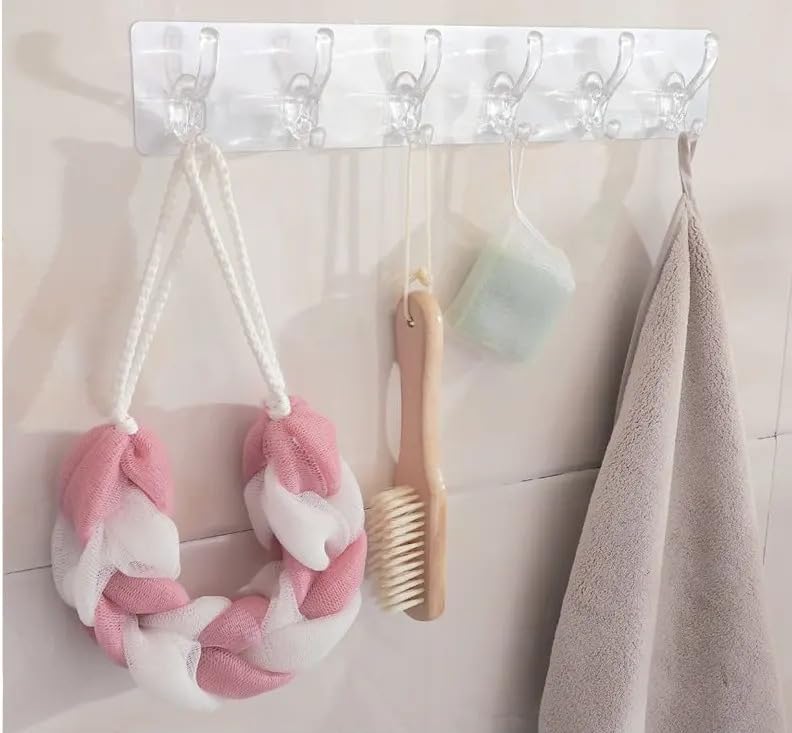 Giftock 3 Pcs 6 Rows Multifunctional Transparent Sticky Hook Set Adhesive Sticker Hanger in Kitchen Bathroom Oilproof Home Wall Hanging Waterproof Seamless Invisible Strong Self Adhesive Wall Mounted - 3 Set