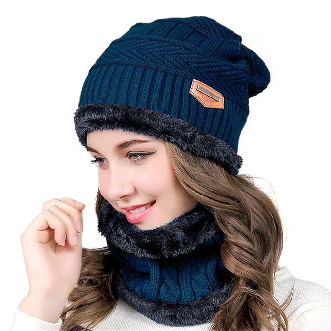 Giftock Wool Beanie Cap & Muffler for Mens & Women  Winter Cap for Men  Mens Woolen Cap with Neck Muffler  Winter Muffler for Women  Soft Woolen Muffler & Cap for Men & Women Black