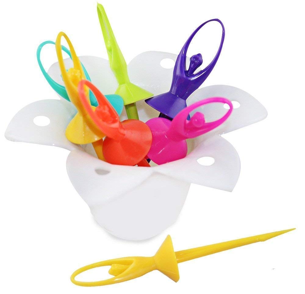 Giftock Plastic Dancing Doll Fruit Fork Set of 6 with Stand for Kids and Adults (Multicolor)