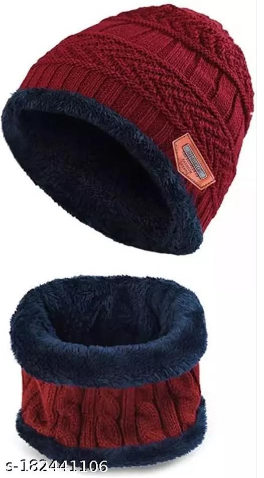 Giftock Wool Beanie Cap & Muffler for Mens & Women  Winter Cap for Men  Mens Woolen Cap with Neck Muffler  Winter Muffler for Women  Soft Woolen Muffler & Cap for Men & Women Black